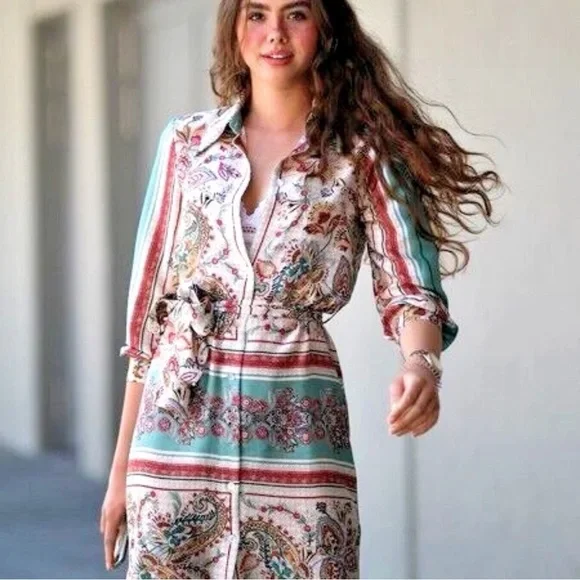 Zara Satin Foulard Paisley Maxi Dress Medium Shirt Dress Floral Belted